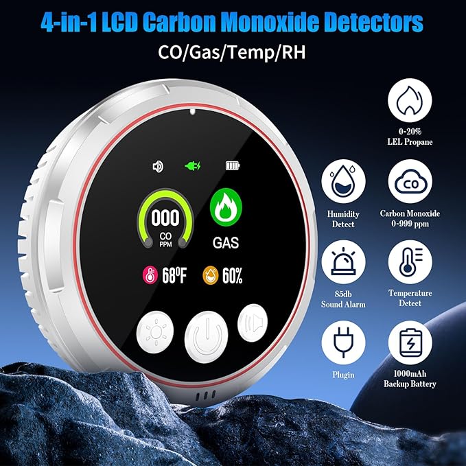 2 Pack 4-in-1 Carbon Monoxide Detectors &Natural Gas Leak Detector, Portable - Image 2