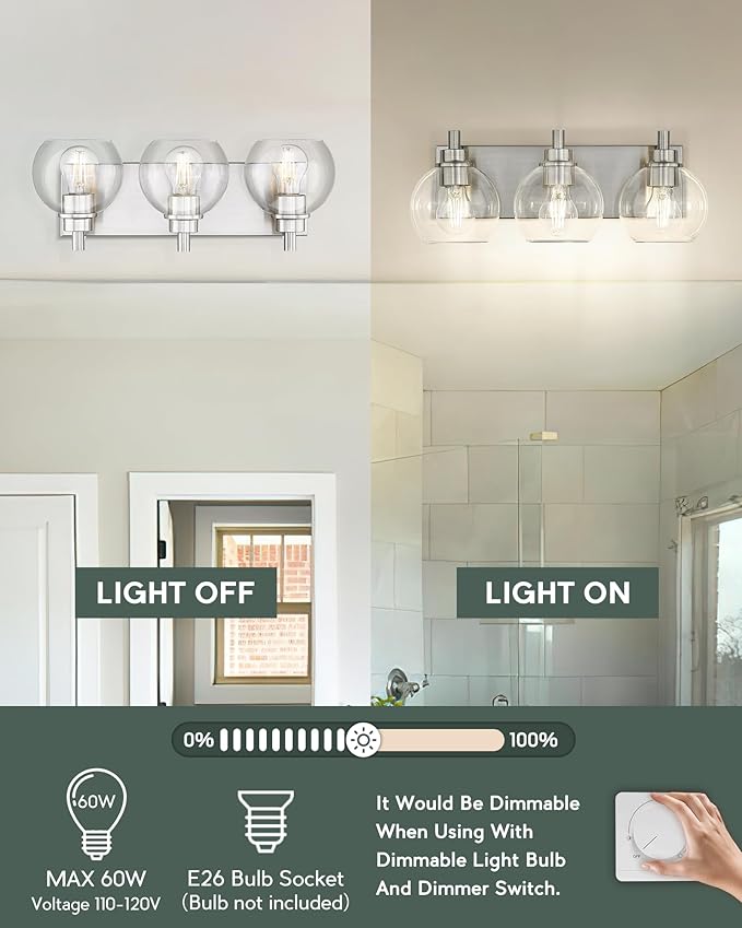 METWET Bathroom Light Fixtures, 3-Light Brushed Nickel Vanity Light, Modern - Image 4