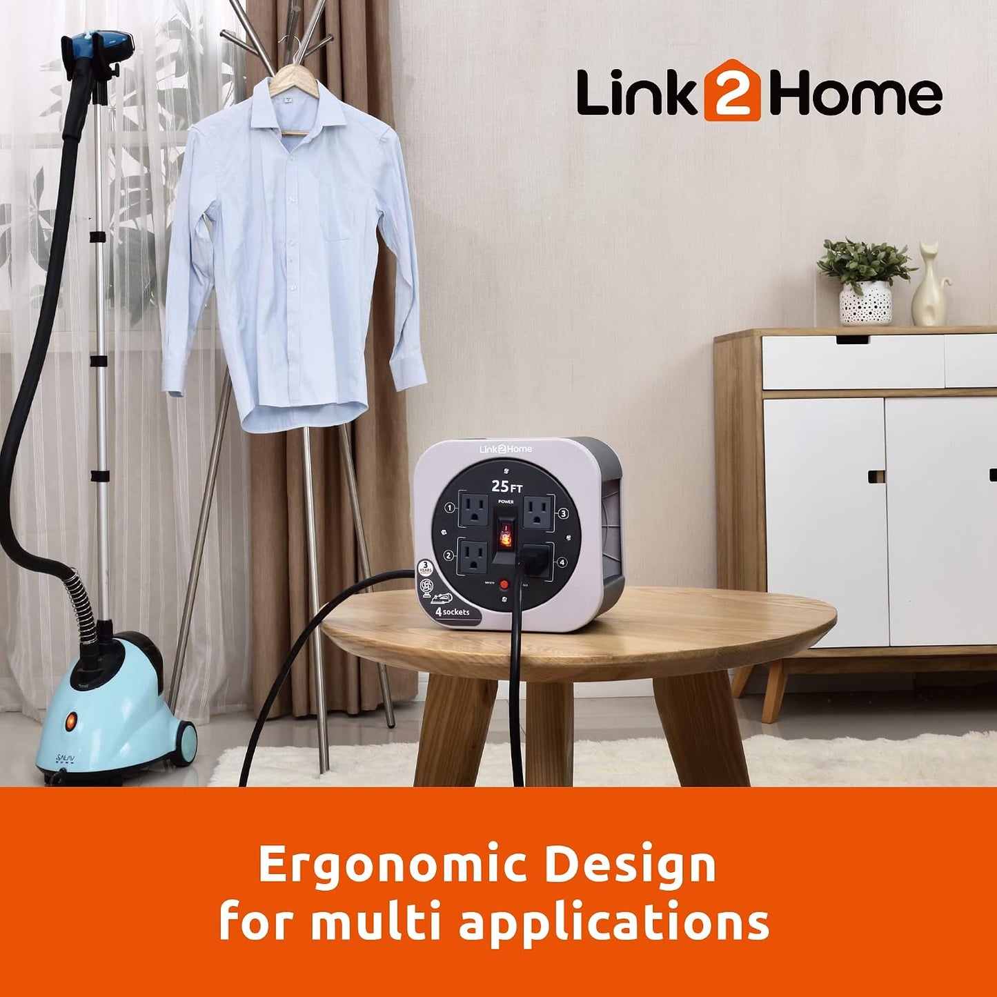 Link2Home 25 Ft. Extension Cord Storage Reel, 4 Grounded Outlets | 16/3 cable, overload reset button, compact design for garage or workshop