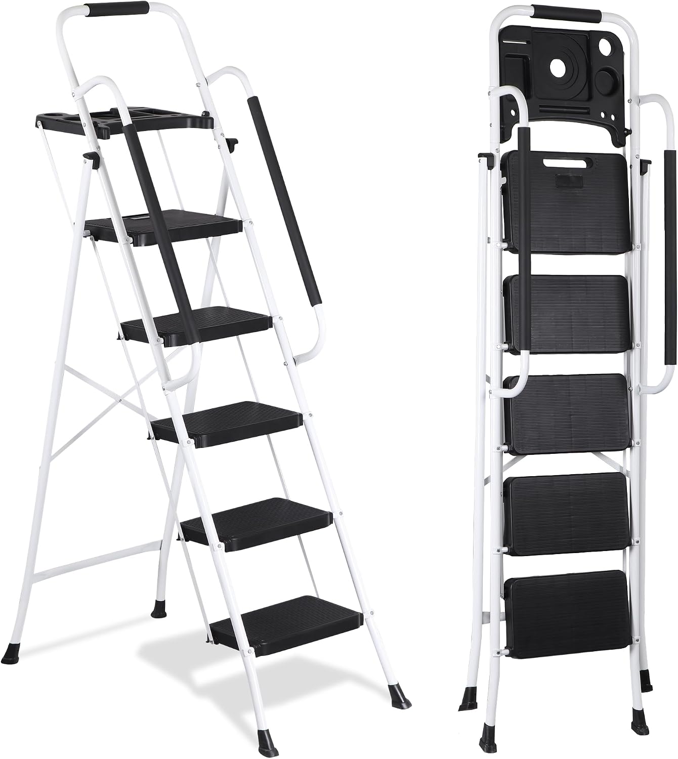 ZENY 5 Step Ladder, Step Stool Foldable with Anti-Slip Pedal & Comfortable Handrail, Sturdy Steel Ladder, Protable Heavy Duty Step Stool for Kitchen, Garage & Outdoor Use (White)