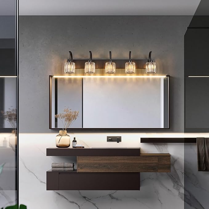 FDPBY 5-Light Crystal Vanity Light, Modern Black Bathroom Wall Sconce - Image 7