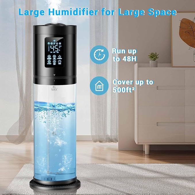 8L/2.1 Gal Humidifiers for Bedroom Large Room, 4 Levels Cool Mist Humidifier - Image 7