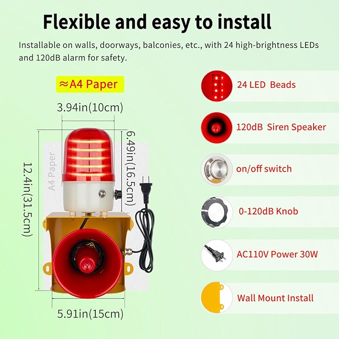 kbaoele AC110V Industrial Siren Alarm Strobe Light-120dB Loud Horn&Waterproof - Image 3