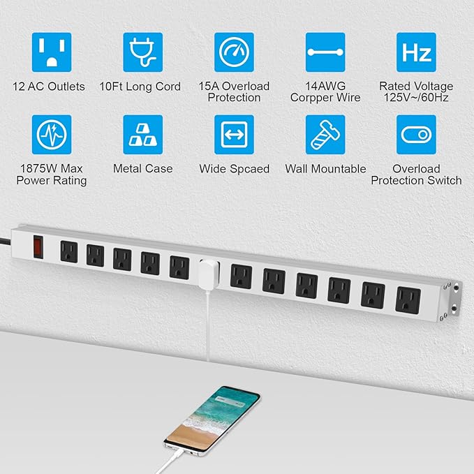 JUNNUJ Metal 12 Outlet Power Strip, Mountable Heavy Duty Power Strip, 1200J - Image 2