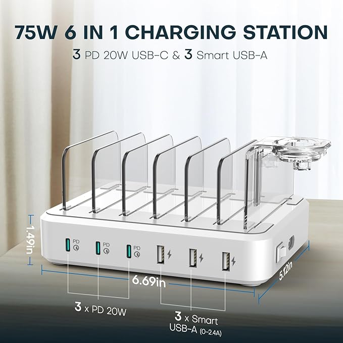 Charging Station for Multiple Devices, 75W 6 Port Multi USB C Fast Charger - Image 4