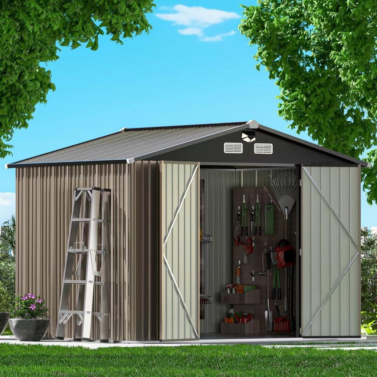 metal outdoor storage shed - 3×19 ft heavy shown in use