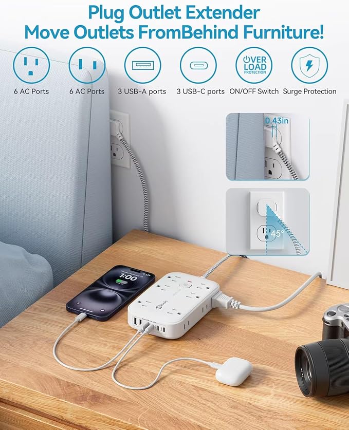 Flat Multi Plug Extender with 6 USB Wall Charger, 12 AC Outlets Wall Adapter - Image 3