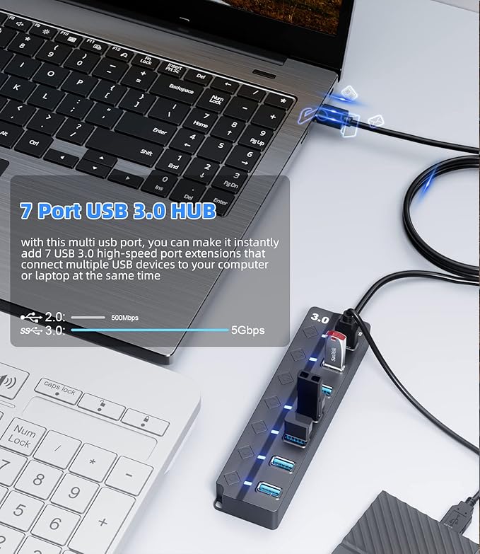USB 3.0 Hub, PANPEO 7-Port USB Data Hub Splitter - Image 3