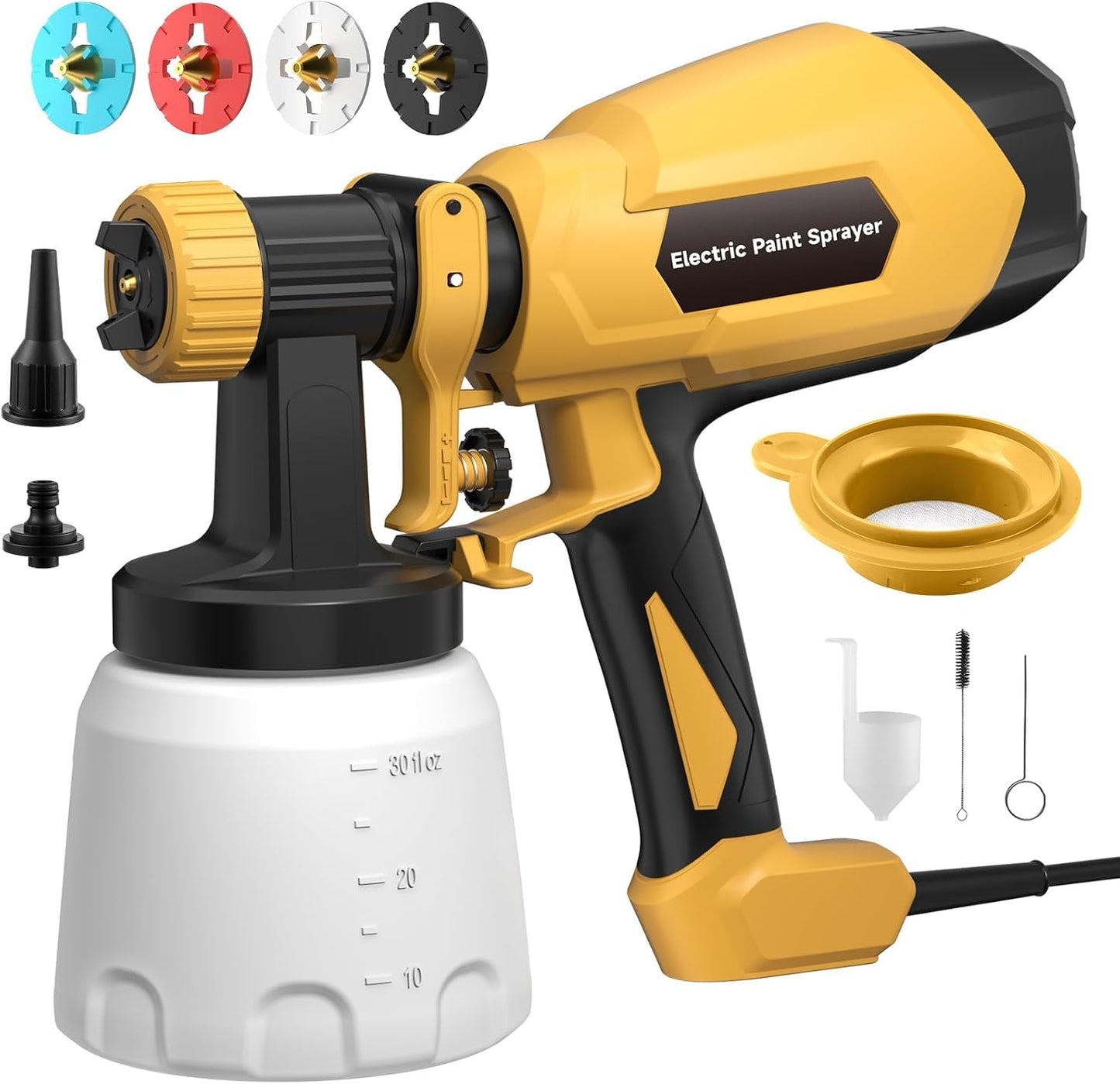 Paint Sprayer, Electric Spray Paint Gun, 3 Modes & 4 Brass Nozzles | With Cleaning & Blowing Joints, Variable Flow Control, for Doors, Fences, Walls, Cabinets, Garden Chairs, Yellow
