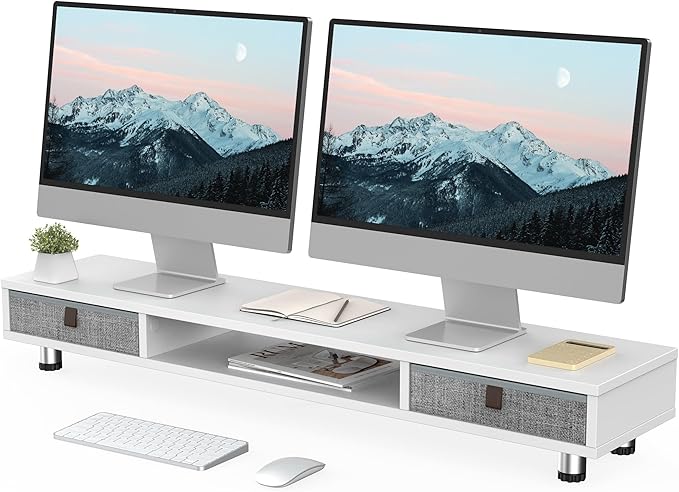 Fenge Dual Monitor Stand with 2 Drawers, 42.5 Inches Large Computer Riser by Fenge