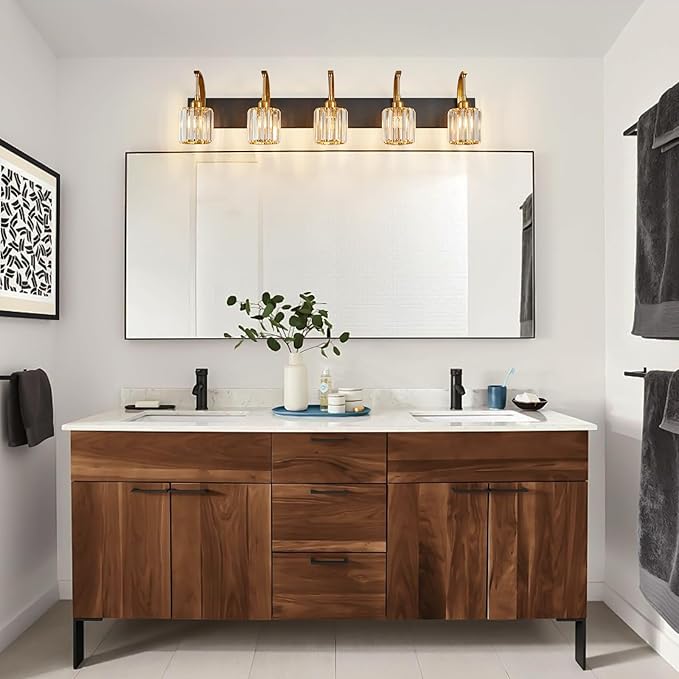 FDPBY 5-Light Crystal Vanity Light, Modern Black Gold Bathroom Wall Sconce - Image 6