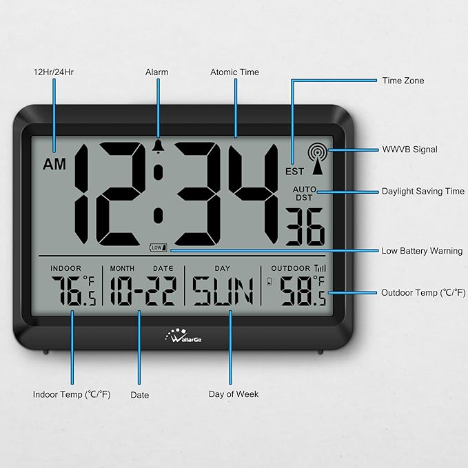 WallarGe Atomic Clock with Indoor Outdoor Temperature - Image 7