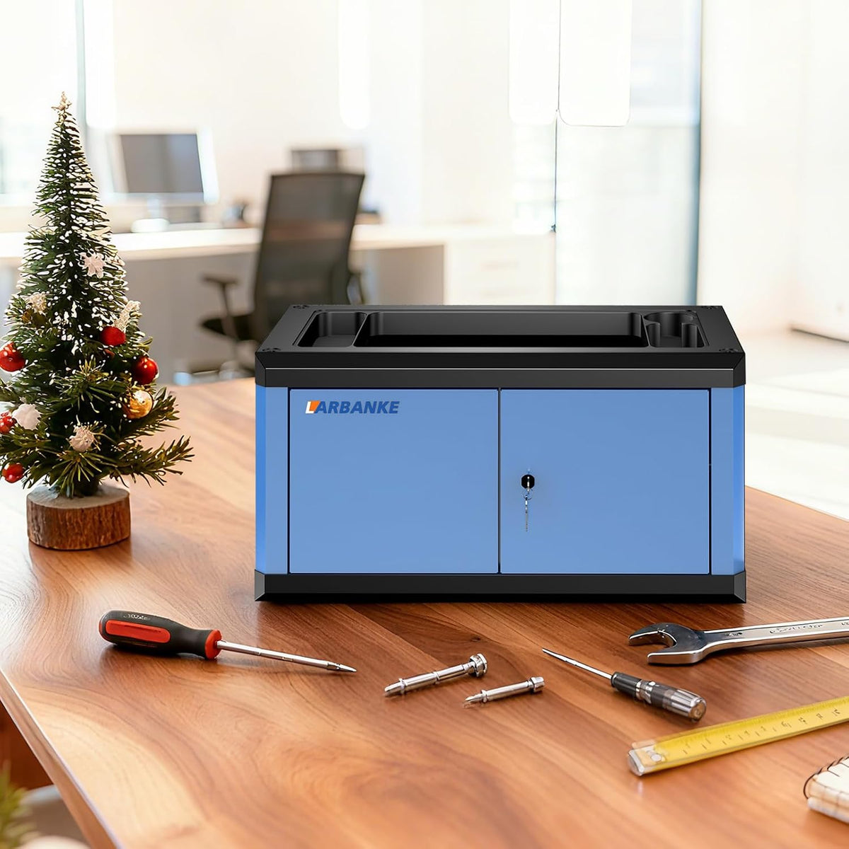 larbanke heavy-duty lockable double-door tool box with multifunctional shown in use