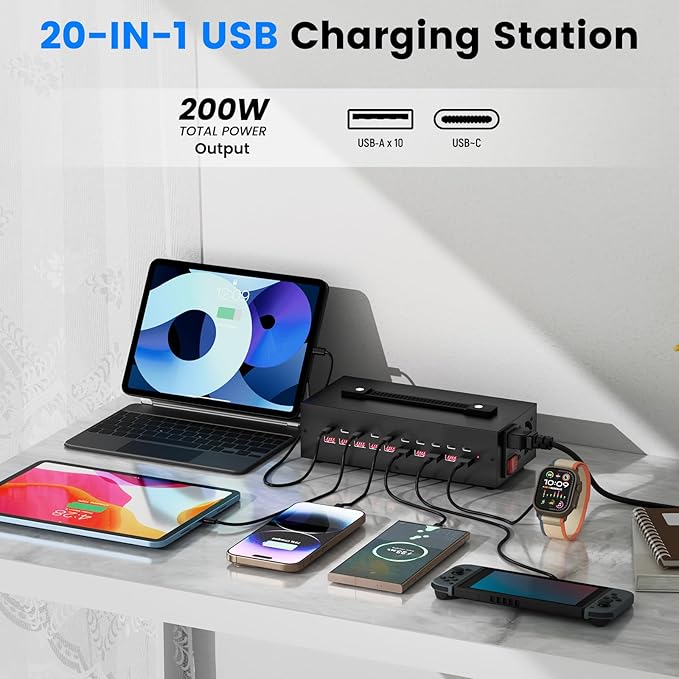 Portable USB~C Charger Block, 200W 20 Port Home Fast Charging Station - Image 2