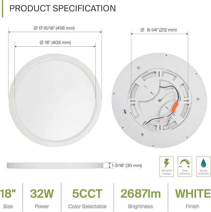 ASD LED 18" Round Flush Mount Ceiling Light Fixture, Low Profile Surface - Image 2