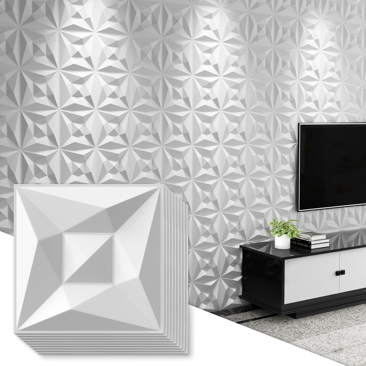 Greymond White PVC 3D Wall Panels, 33 Pack 11.8''x11.8''Geometric Design