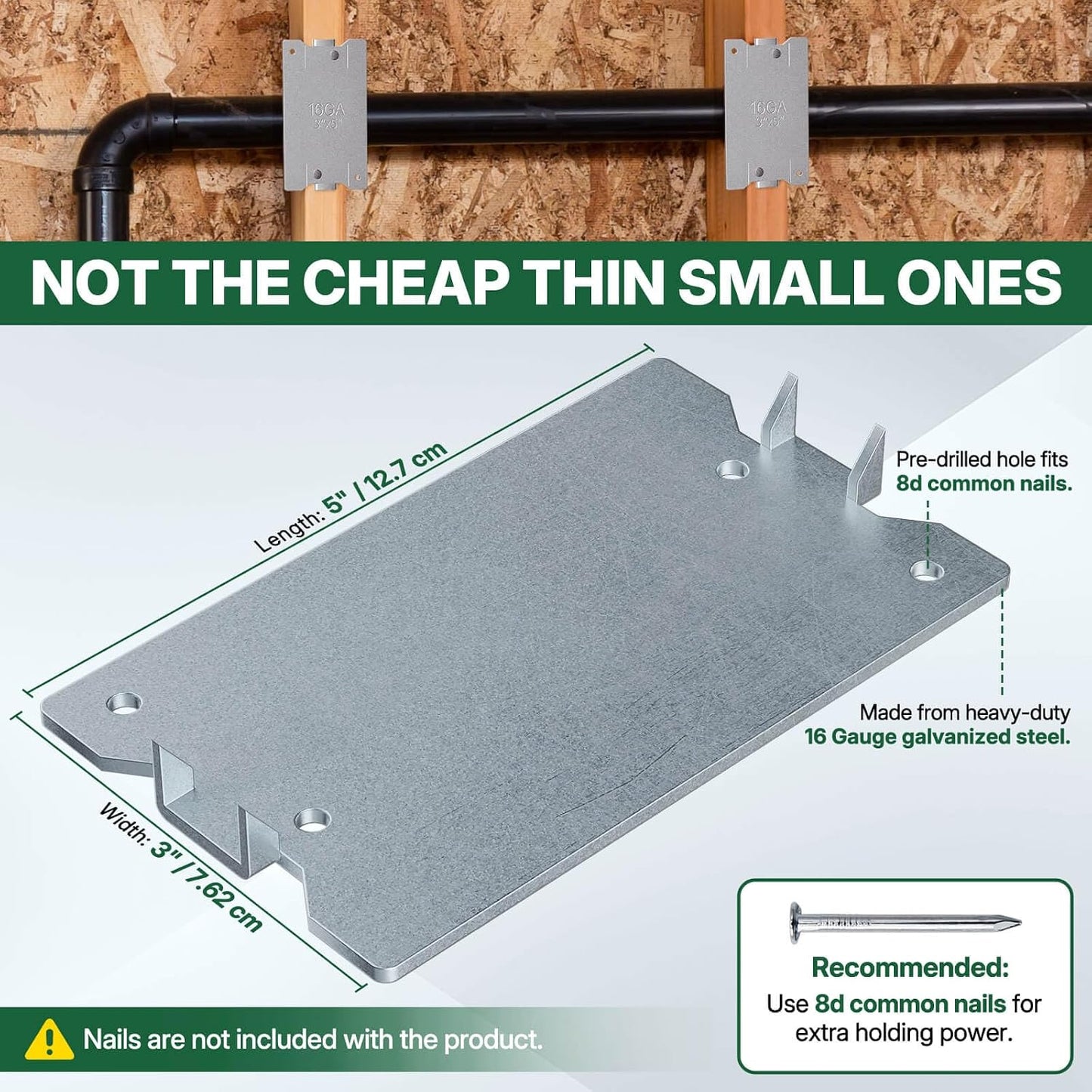 3" x 5" Nail Plates for Wood Studs, 16 Gauge Nail Plates Electrical for Studs or Double 2X Studs, NOT THE Cheap Thin Ones, Code-Compliant Galvanized Nail Guards (20 PCS)
