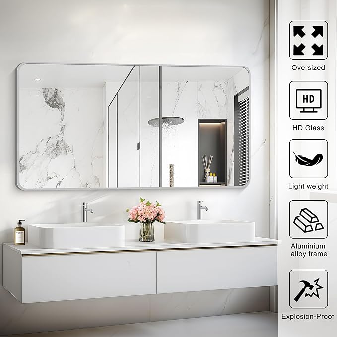 55x30 Inch Silver Bathroom Mirror, Large Rectangular Vanity Mirror, Metal - Image 5