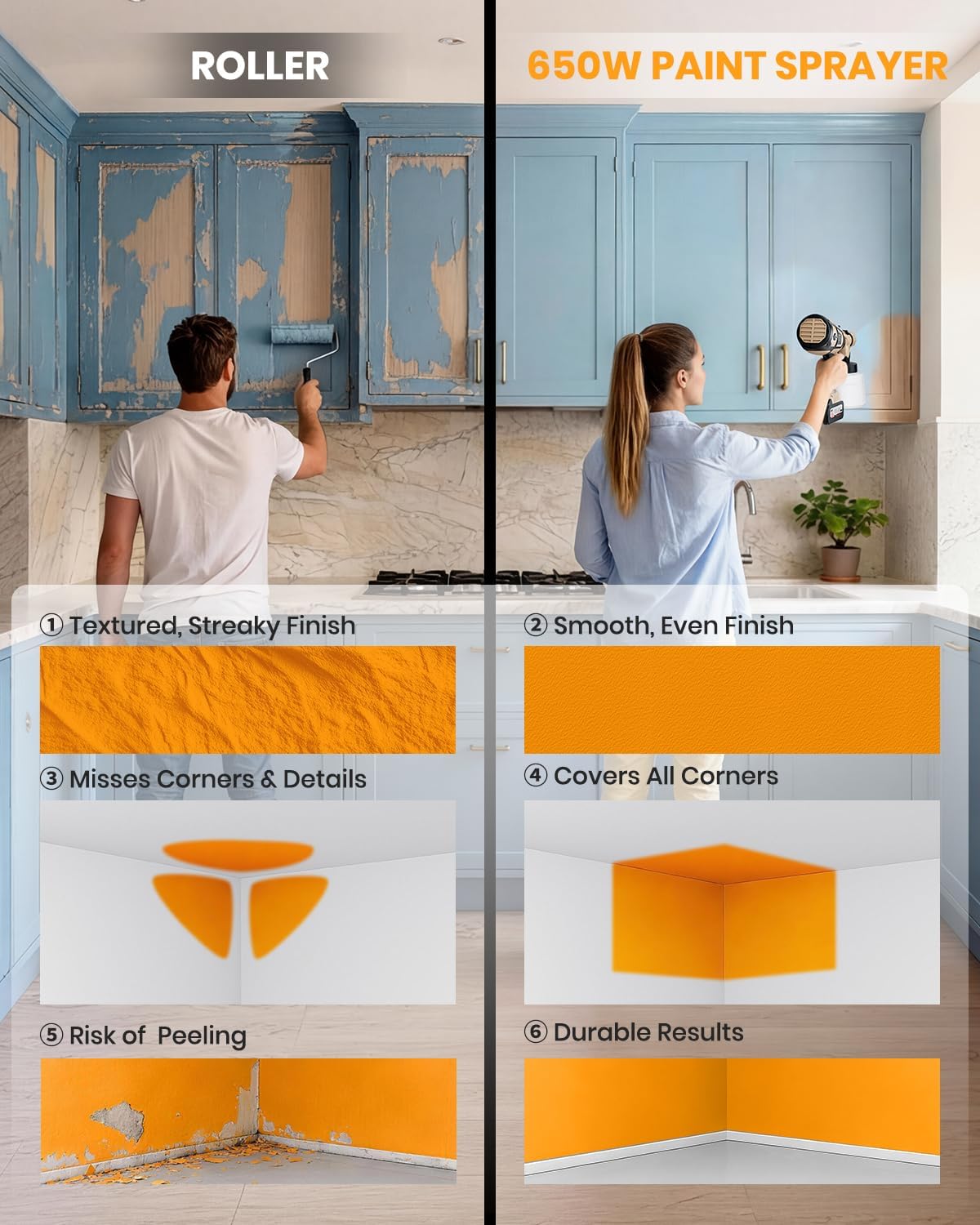 Cordless Paint Sprayer for House Painting with 2×4.0Ah Battery, 650W | Easy to Clean & Use, Even Coating, 6 Brass Nozzles, 1400ML Container, Paint Gun for Wall Fence Furniture Ceiling DIY Projects