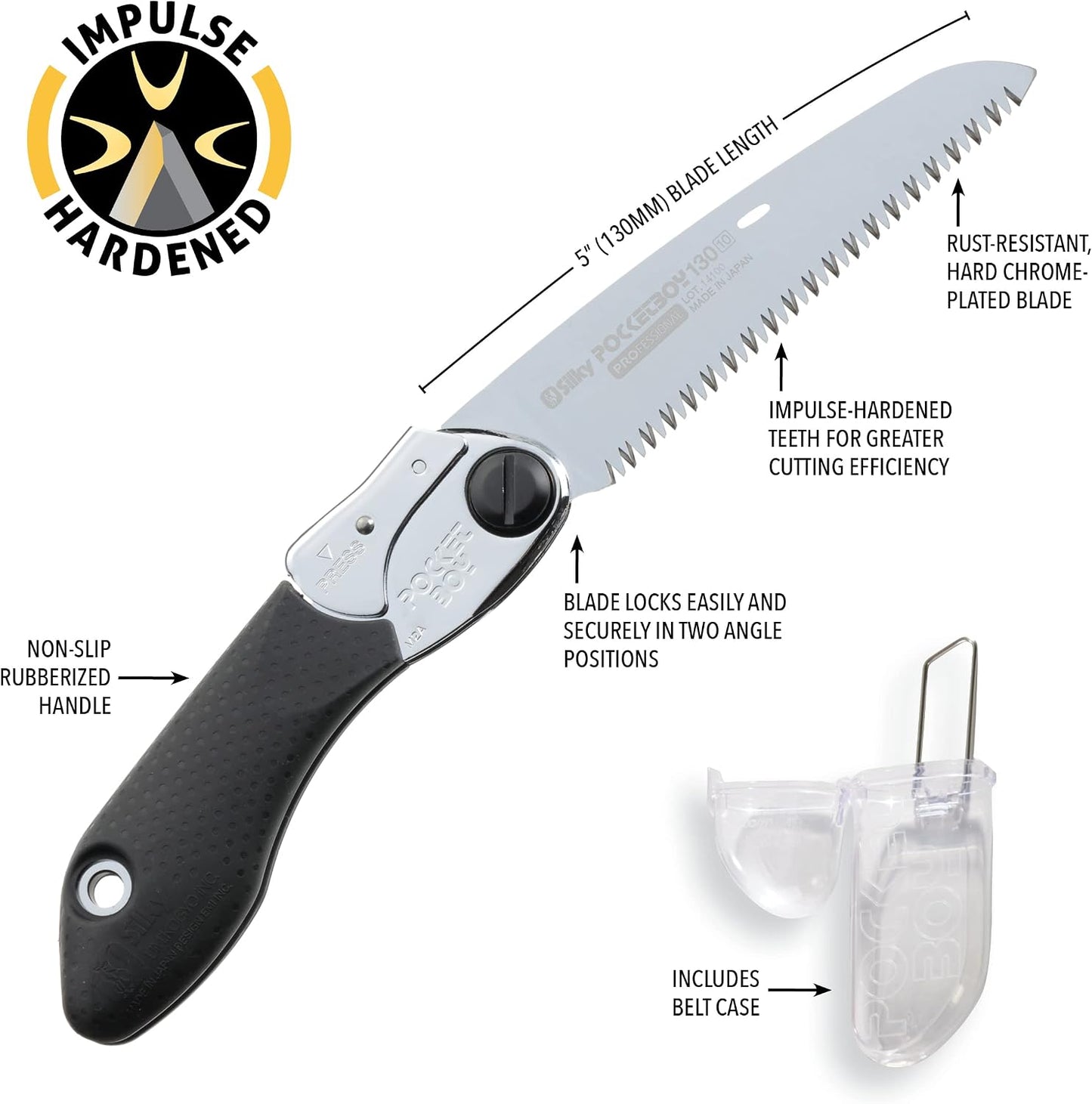 Silky Professional Series PocketBoy Folding Saw 130mm Medium Teeth (340-13) | 8.5 teeth per inch (10 teeth per 30mm), Cut capacity 2.6 inches