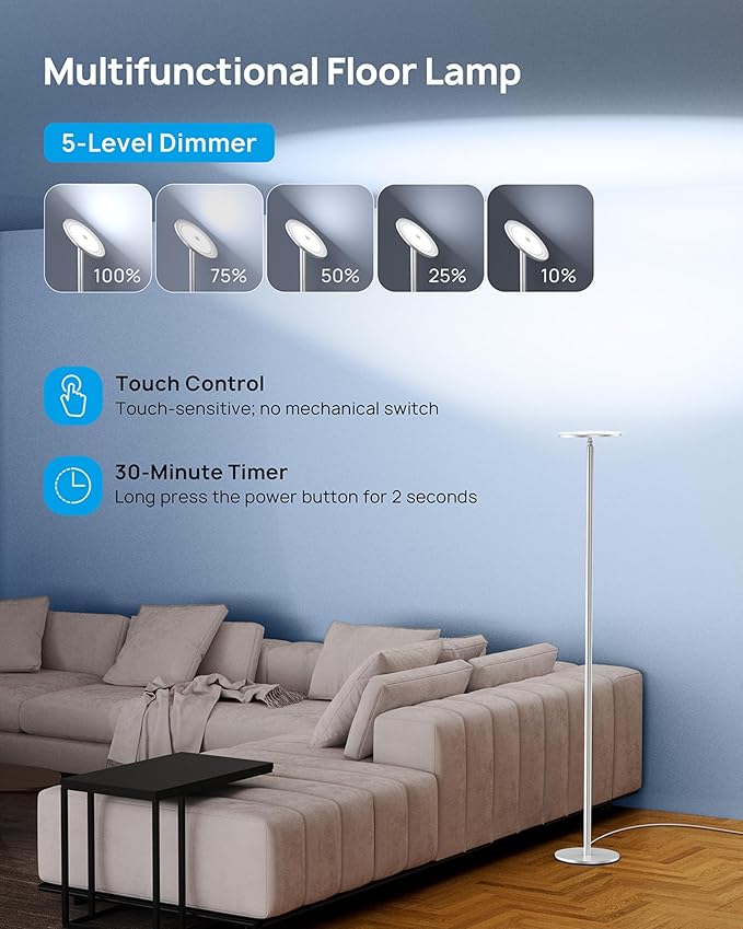 TROND Floor Lamp, LED Torchiere Uplight Lamp, 5 Brightness Aluminum Modern - Image 3