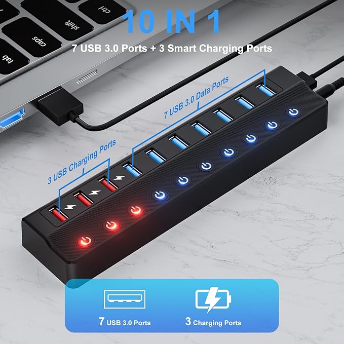 ONFINIO Powered USB Hub, 10-Port USB Splitter Hub - Image 2
