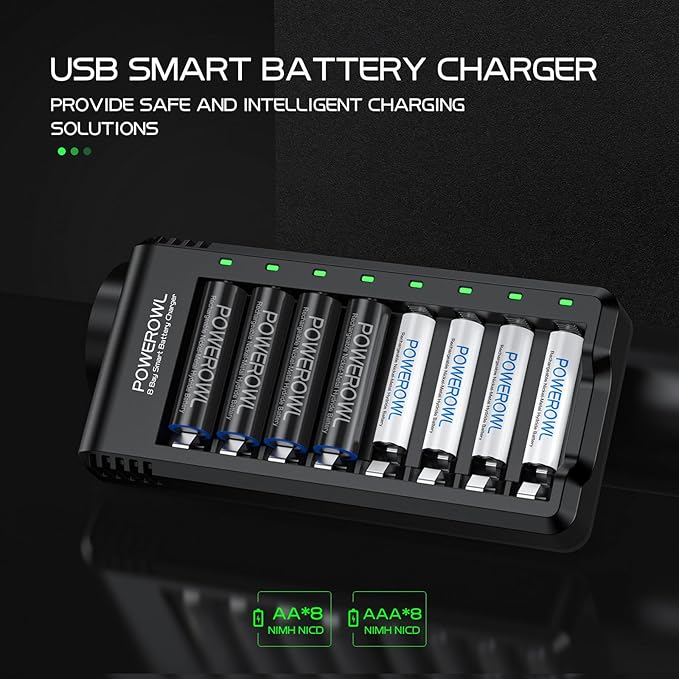 POWEROWL 8 Bay AA AAA Battery Charger 2 Pack, USB High-Speed Charging, - Image 2