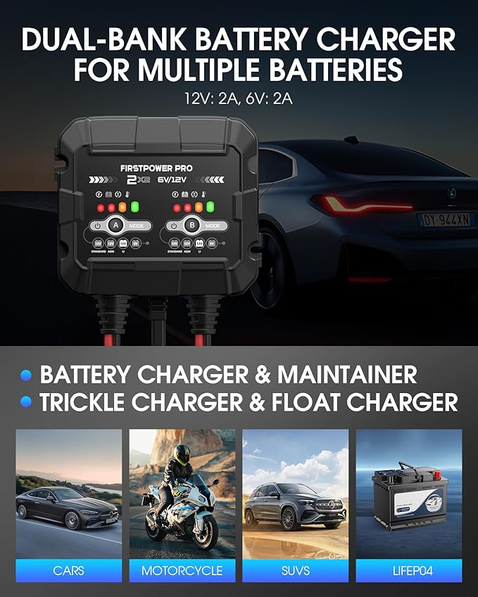 2-Bank, 4A Trickle Charger for Car Battery, 12V 6V Car Battery Charger - Image 7