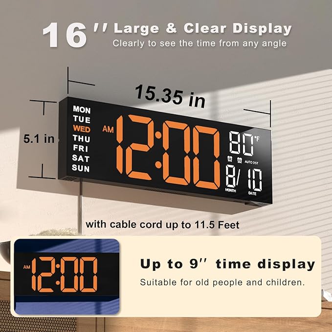 JALL 16" Large Digital Wall Mount Clock, Count Down Timer, Big LED, RGB Color - Image 2