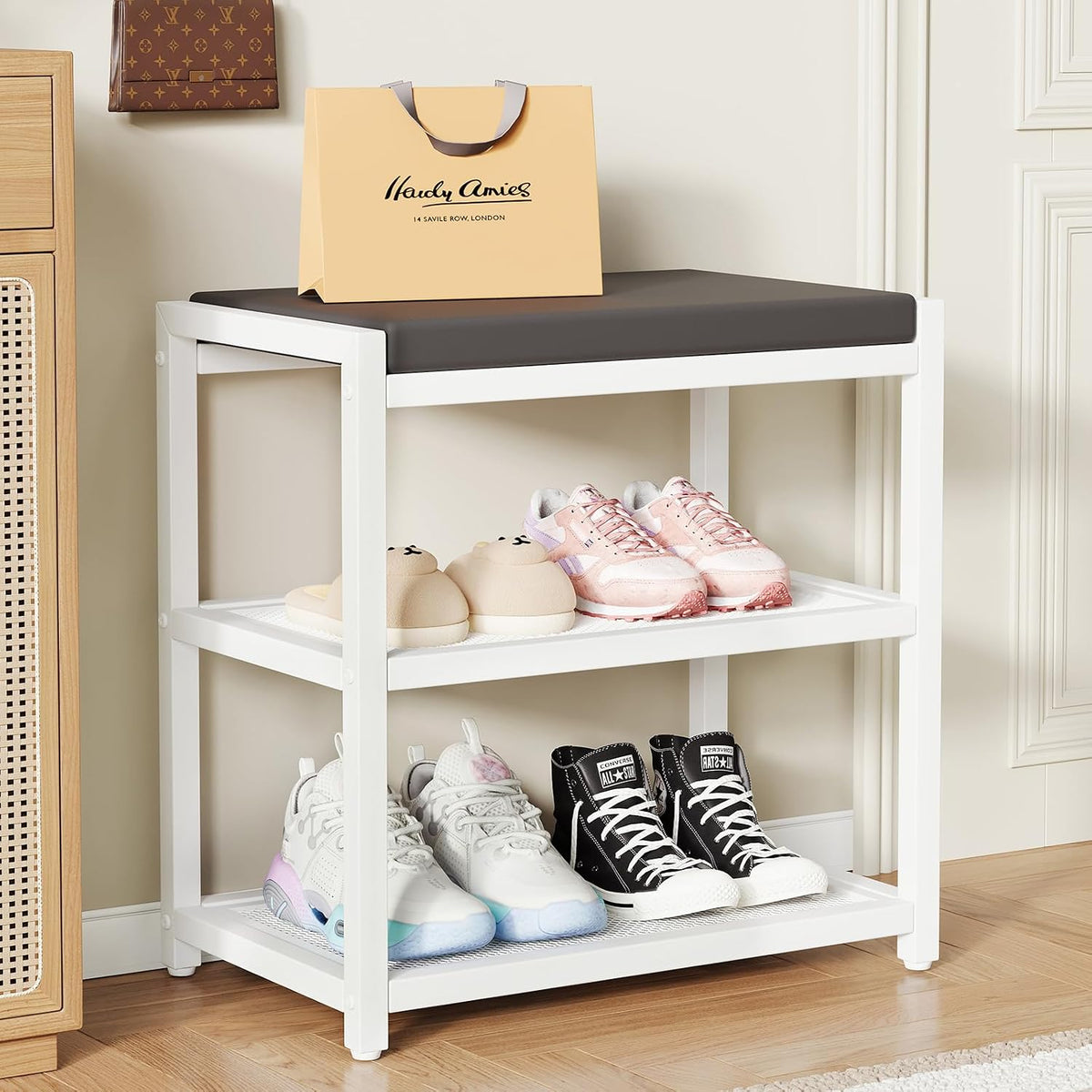 small shoe bench shoe rack storage bench entryway shown in use