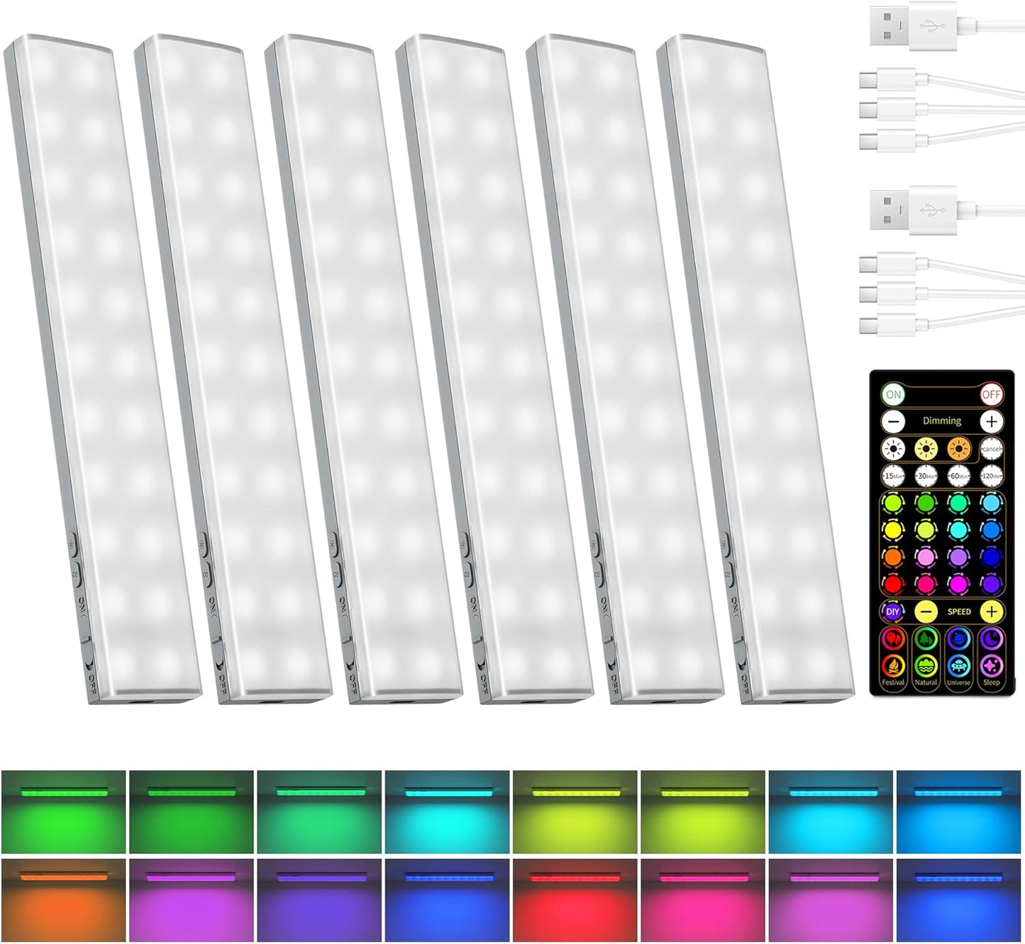 EZVALO 80RGB Color Changing Under Cabinet Lighting Wireless, 1800mAh Rechargeable Led Strip Shelf Lights, Timer & Dimmable Bar Light with Remote for Kitchen, Bedroom, Display Case, Car, 6Pack