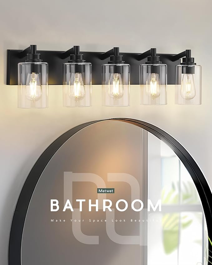 METWET 5-Light Bathroom Light Fixtures, 30 Inch Black Vanity Light - Image 2