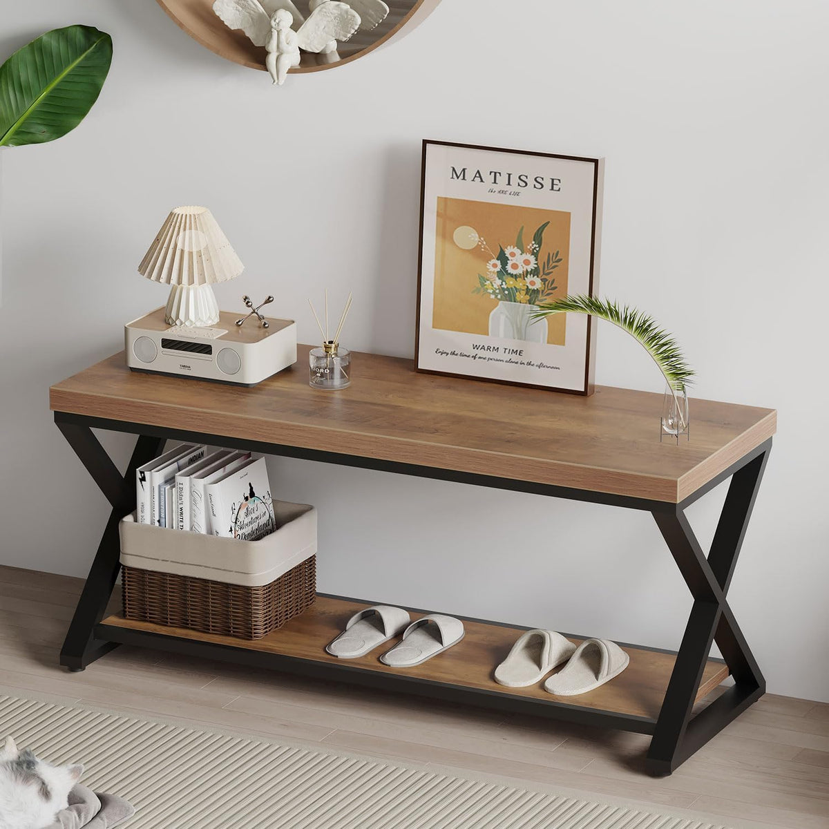 ibf rustic entryway bench with storage, rustic oak shown in use