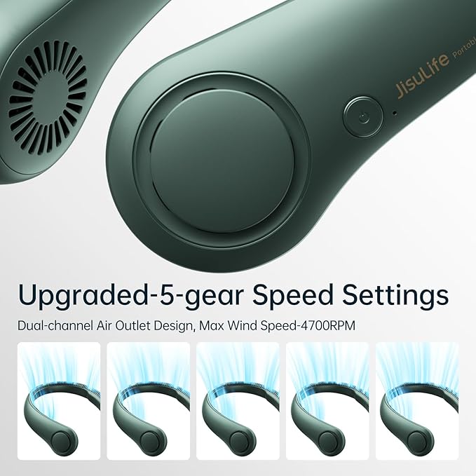 JISULIFE Portable Neck Fan, Hands Free Bladeless Fan, 5 Speeds, 4000 mAh - Image 2