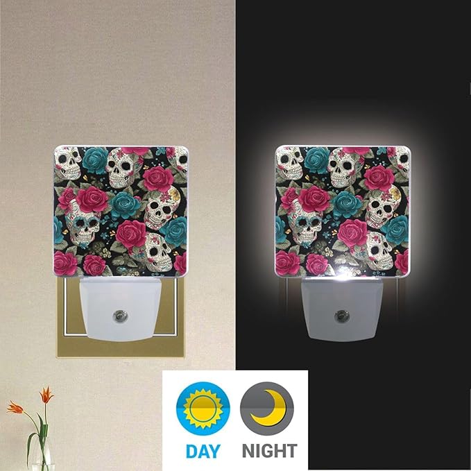 Pigsaly Led Night Light Halloween Sugar Skulls Pink Blue Roses Night Light Plug - Image 5