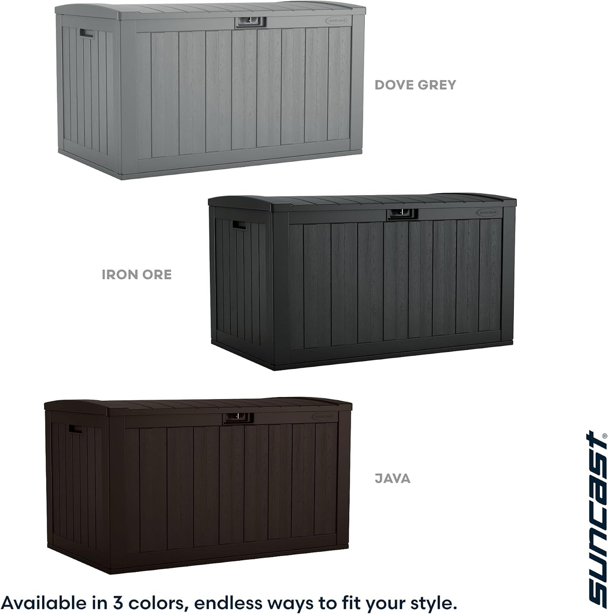 suncast 134-gal. resin extra-large outdoor patio deck box showing dimensions