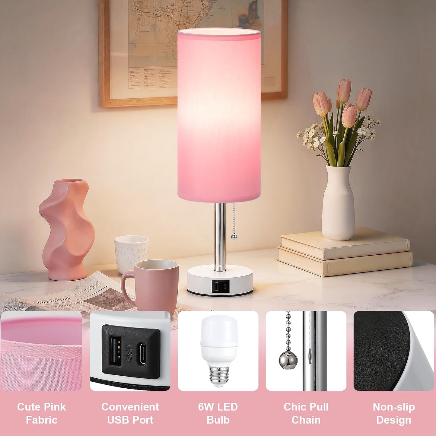 Dicoool Pink Bedside Table Lamp for Girls Bedroom - USB A+C Charging Ports | 3 Color Temperatures, Bulb Included, Pink Fabric Shade, White Metal Base, Cute Pink Room Decor, 14" Desk Lamp for Kids Dorm