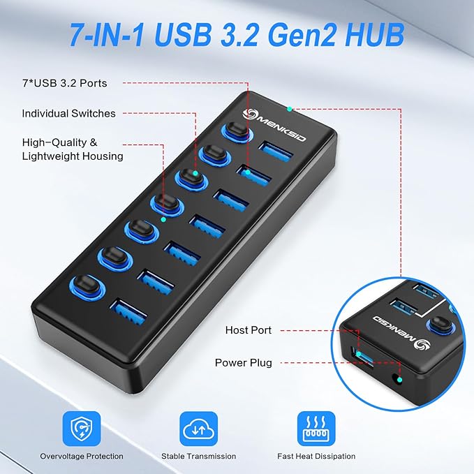7-Port USB 3.2 Hub, Data USB Hub Splitter - Image 2