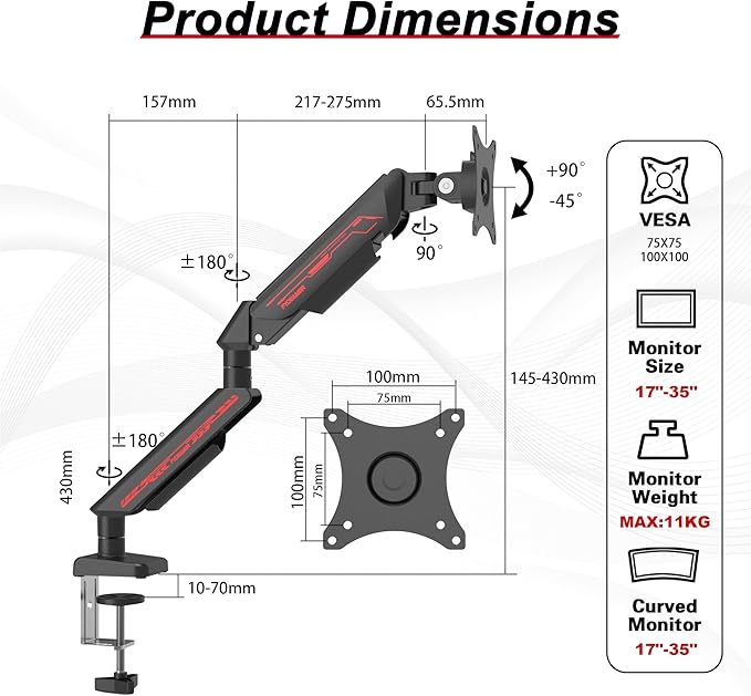 Fydeamer Monitor Arm for 17-35" Screens up to 24.2 lbs, Ergonomic Gas Spring - Image 6