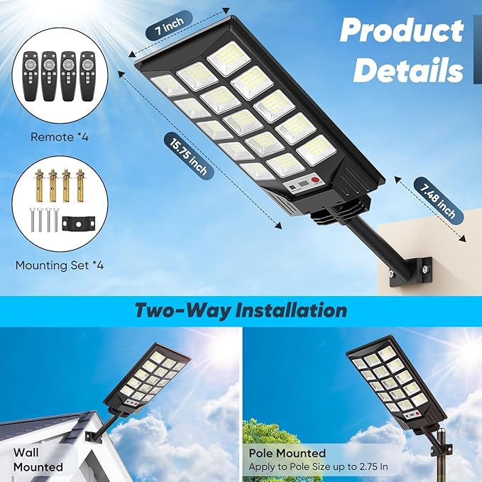 Solar Street Lights Outdoor Waterproof, 30000LM 6500K LED Motion Sensor Lights - Image 6
