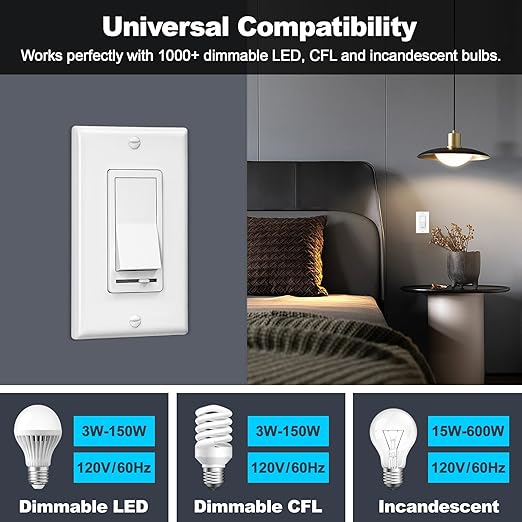 BESTTEN 2 Pack Dimmer Light Switch, Universal Lighting Control, Single Pole or - Image 5