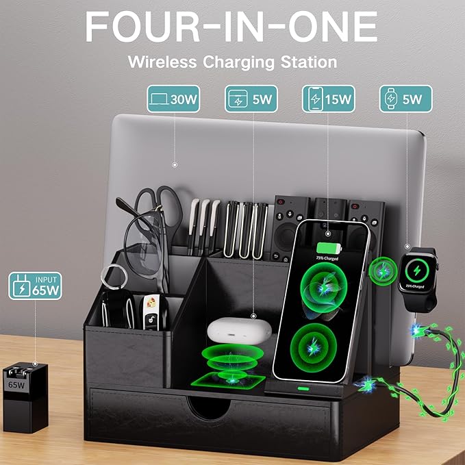 Black PU Leather Multi-Device Charging Station - Image 2