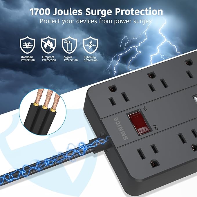 10 Ft Extension Cord Surge Protector, SMNICE 8 Widely Spaced Outlets and 6 USB - Image 5