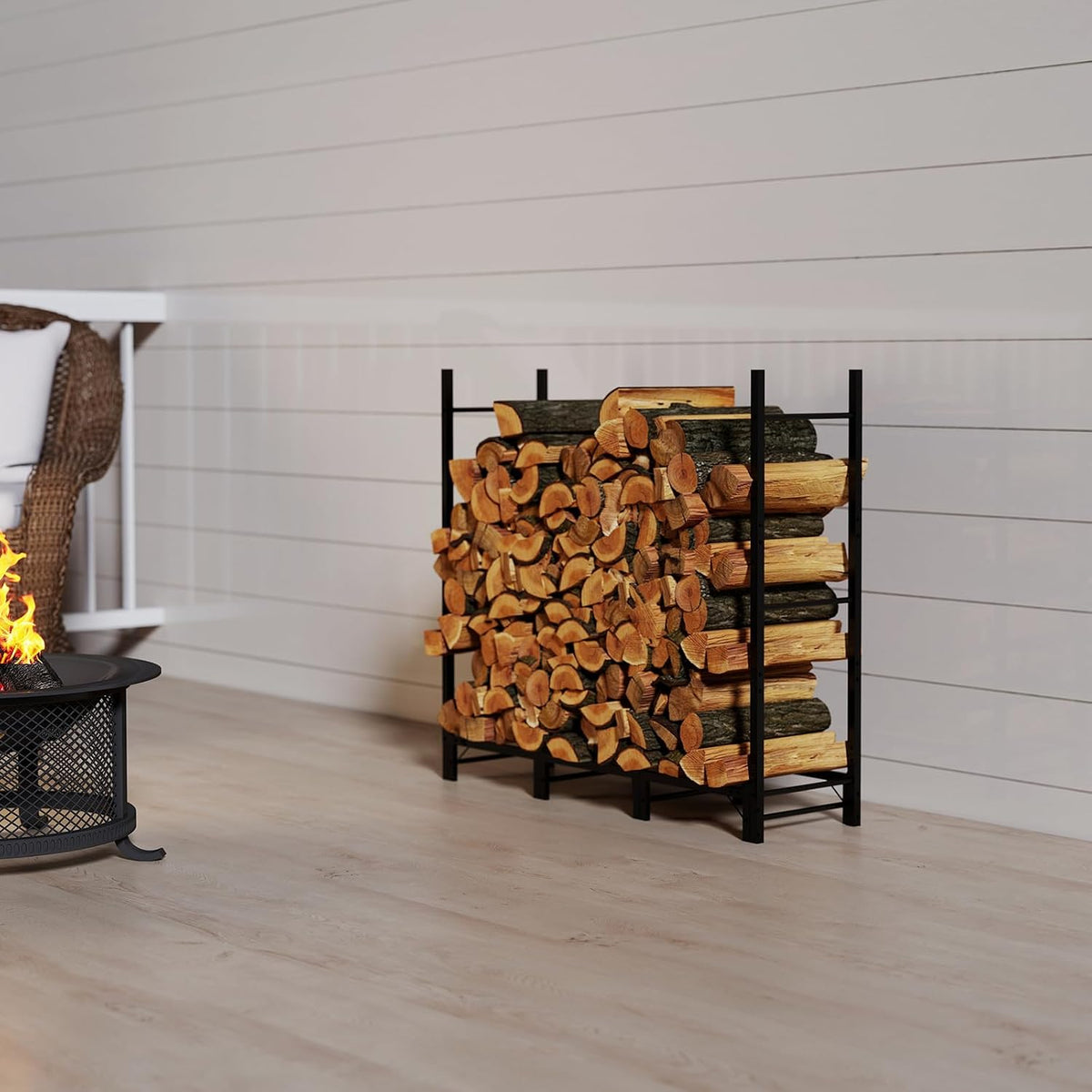 c-hopetree 4ft outdoor indoor firewood rack, adjustable metal, front angle view