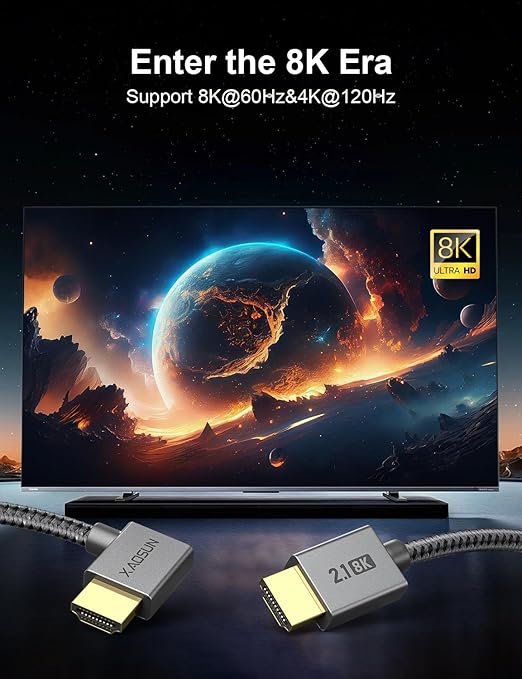 XAOSUN HDMI 2.1 Cable Right Angle 3.3FT, 48Gbps Ultra High Speed HDMI Cord - Image 2