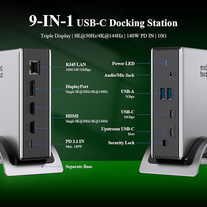 USB C Docking Station, Minthouz PD3.1 Docking Station 3 Monitorswith 4K@144Hz - Image 2
