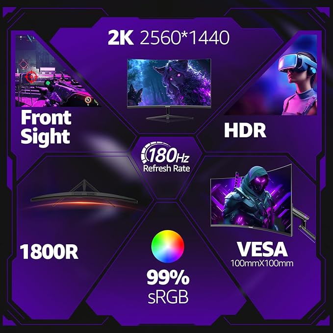 Gawfolk 32 Inch Curved Gaming Monitor, 180Hz QHD 2K Computer Monitor - Image 3