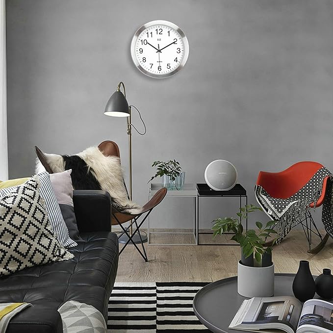 HITO 12 Inch Silent Wall Clock Battery Operated Non Ticking Glass Cover Silver - Image 9