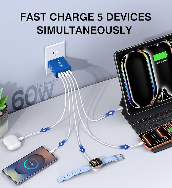 60W USB C Fast Charger Cube, 2 Pack PD+QC Charging Block Power Adapter 5 Port - Image 4