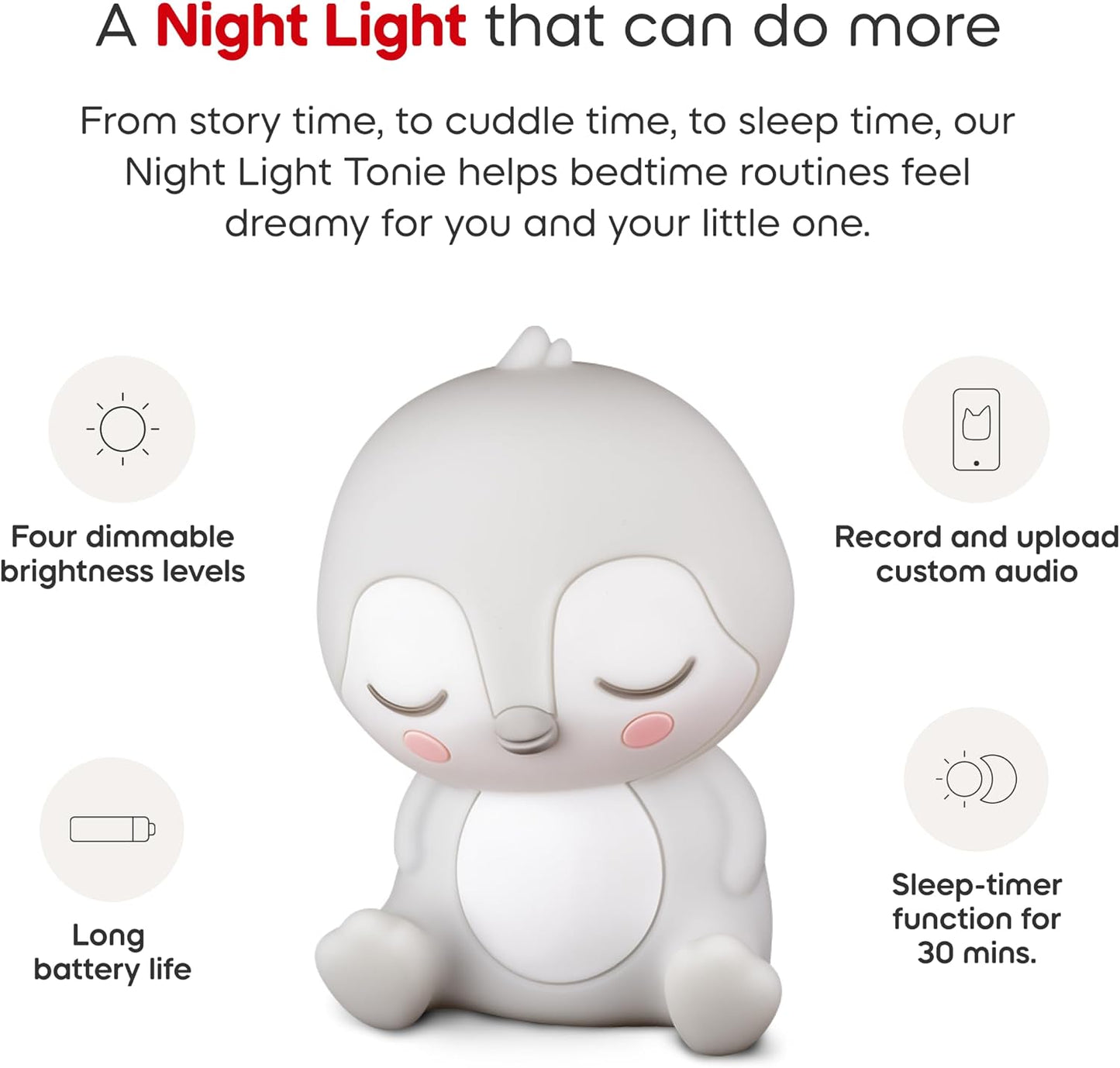 Tonies Night Light - Sleepy Penguin Audio Play Character from Sleepy Friends | Warm Glow | 140 Minutes of Beautifully Composed Melodies | Record Your Own Bedtime Stories